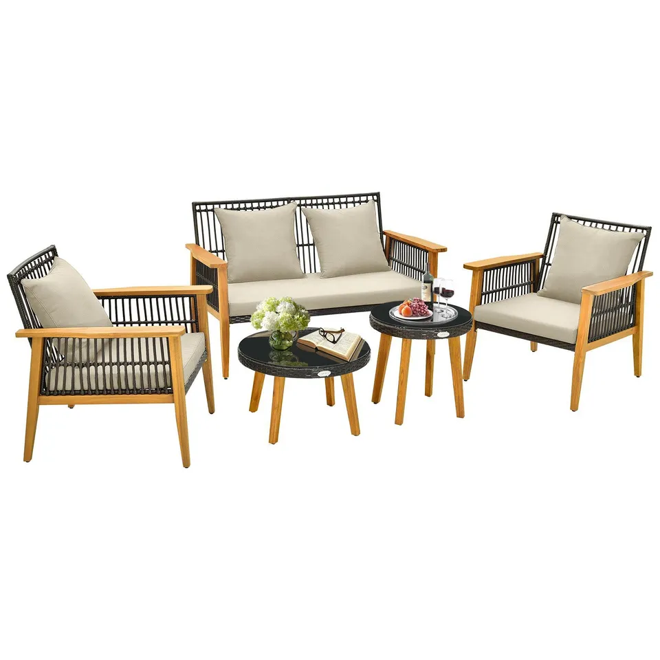 BOXED COSTWAY 5 PIECE WICKER GARDEN FURNITURE SET CUSHIONS TEMPERED GLASS SIDE TABLE BROWN