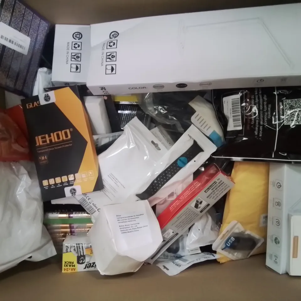 BOX CONTAINING LARGE AMOUNT OF MIXED BOXED ELECTRONIC ITEMS PHONE ACCESSORIES ETC.