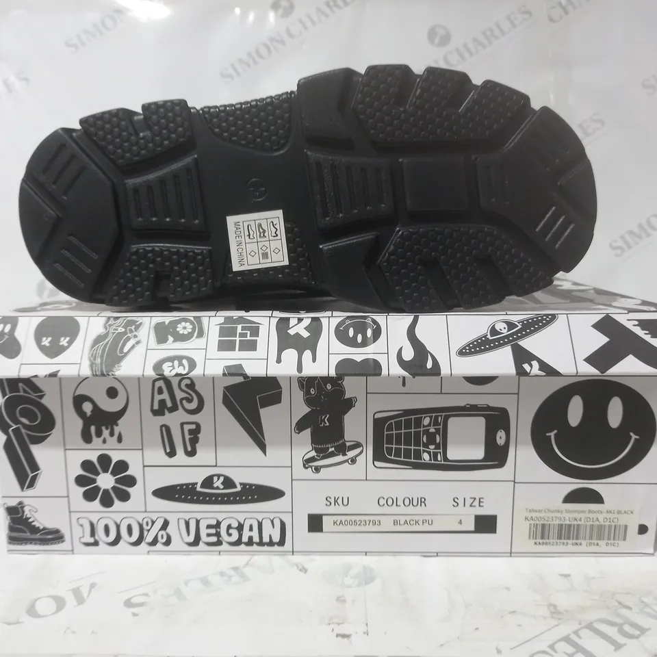 BRAND NEW BOXED PAIR OF KOI VEGAN LEATHER TALWAR CHUNKY STOMPER BOOTS IN BLACK UK SIZE 4