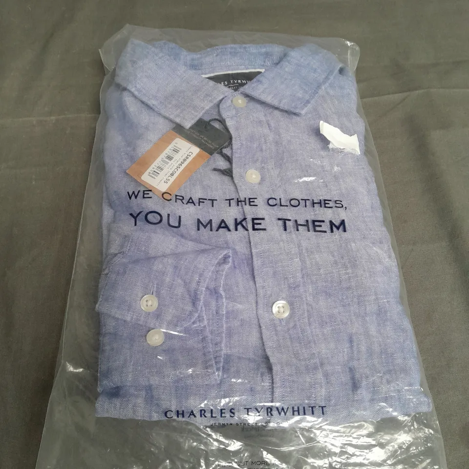 CHARLES TYRWHITT COBALT BLUE PLAIN PURE LINEN CLASSIC FIT SHIRT - LARGE