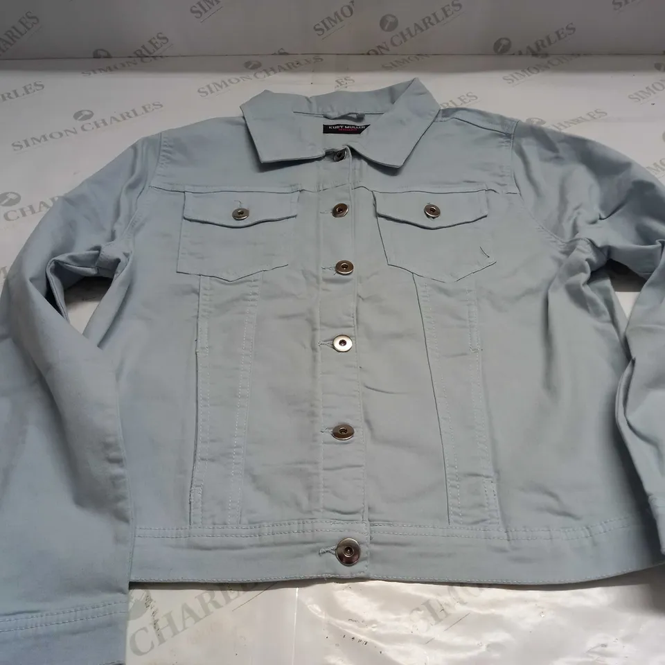 KURT MULLER WOMAN CROP FAUX DENIM JACKET IN BABY BLUE - UK 10