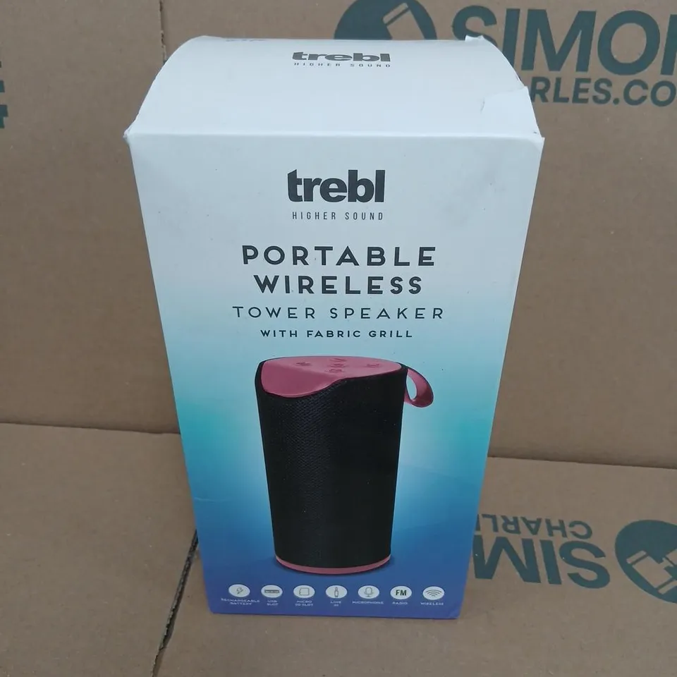 TREBL PORTABLE WIRELESS TOWER SPEAKER – BOXED (FABRIC GRILL)