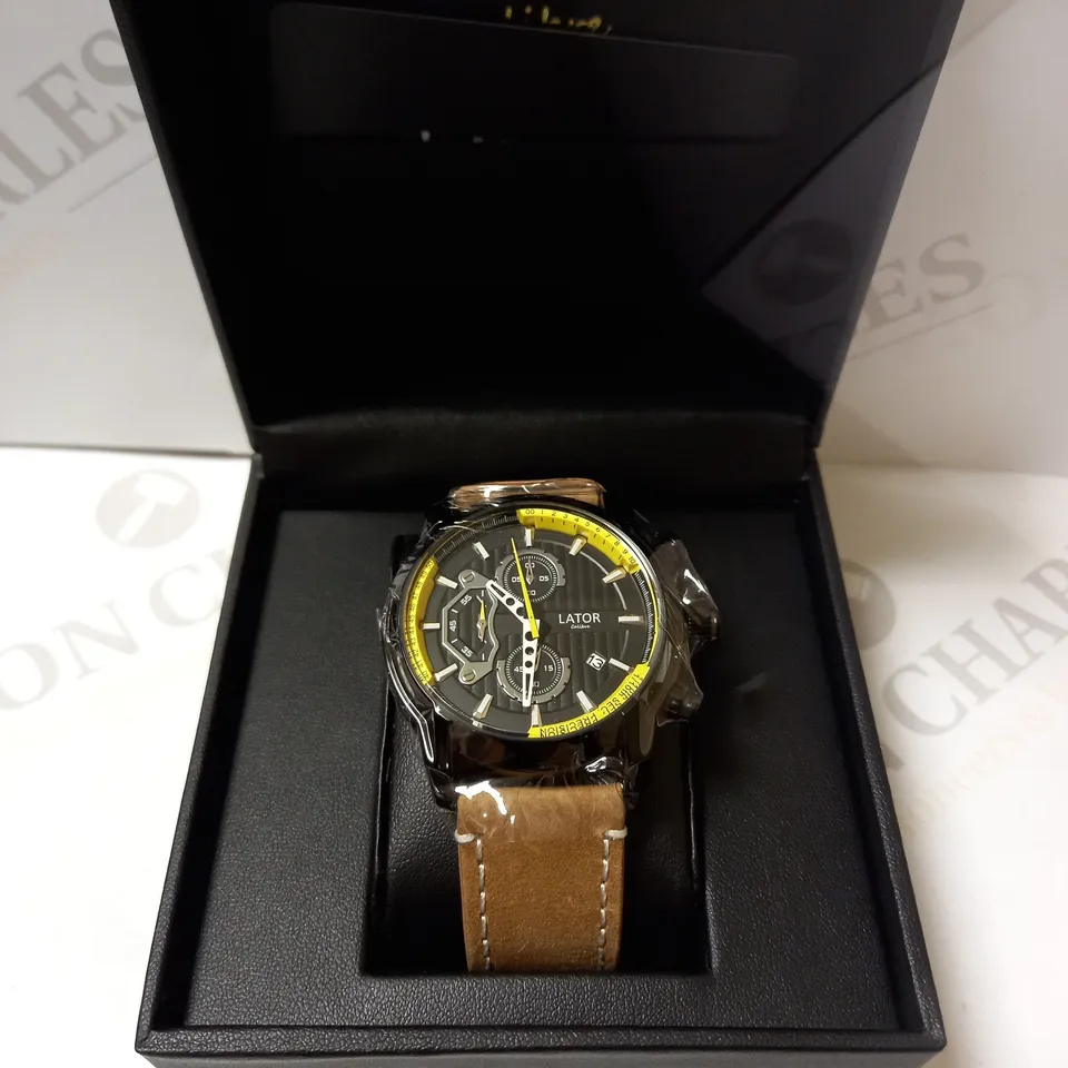 LATOR CALIBRE BLACK & YELLOW FACE SUEDE LEATHER STRAP WATCH RRP £635