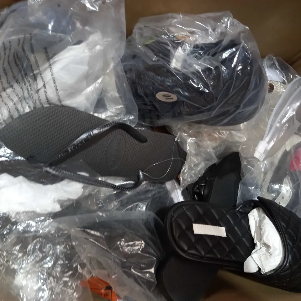BOX OF APPROXIMATELY 20 ASSORTED FOOTWEAR ITEMS TO INCLUDE BEIGE TRAINERS IN THE STYLE OF ADIDAS SIZE UNSPECIFIED, STUART WEITZMAN SLIP ON SHOES IN BLACK SIZE UNSPECIFIED, DESIGNER SLIM SPARKLE SANDAL