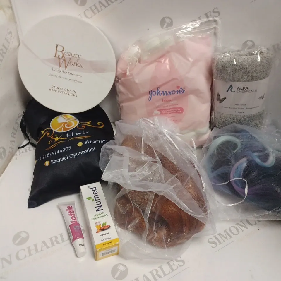 APPROXIMATELY 10 ASSORTED HEALTH AND BEAUTY ITEMS INCLUDING WIGS, HAIR EXTENTIONS