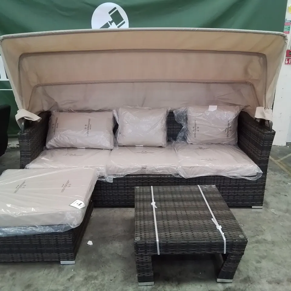 GRADE 1 CORAL BAY SUNBED SET COMPRISING THREE SEATER SOFA WITH SUN CANOPY,  FOOTSTOOL & COFFEE TABLE 