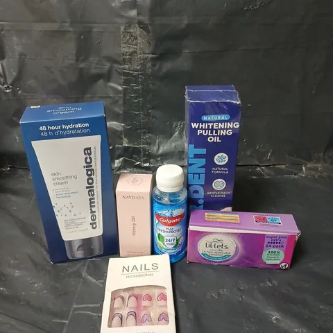 APPROXIMATEY 20 ASSORTED HEALTH AND BEAUTY PRODUCTS TO INCLUDE LI-LETS TAMPONS, DR DENT WHITENING PULLING OIL AND PRESS ON NAILS
