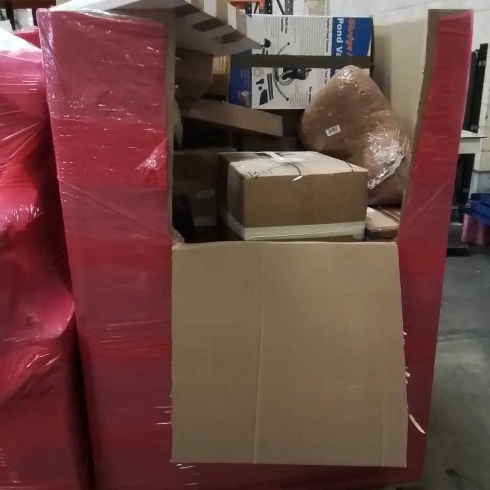 PALLET OF ASSORTED HOUSEHOLD ITEMS AND CONSUMER PRODUCTS TO INCLUDE;  PORTABLE AIR COOLERS, STEAM CLEANER, CHESS SET, BOXED FURNITURE ETC 