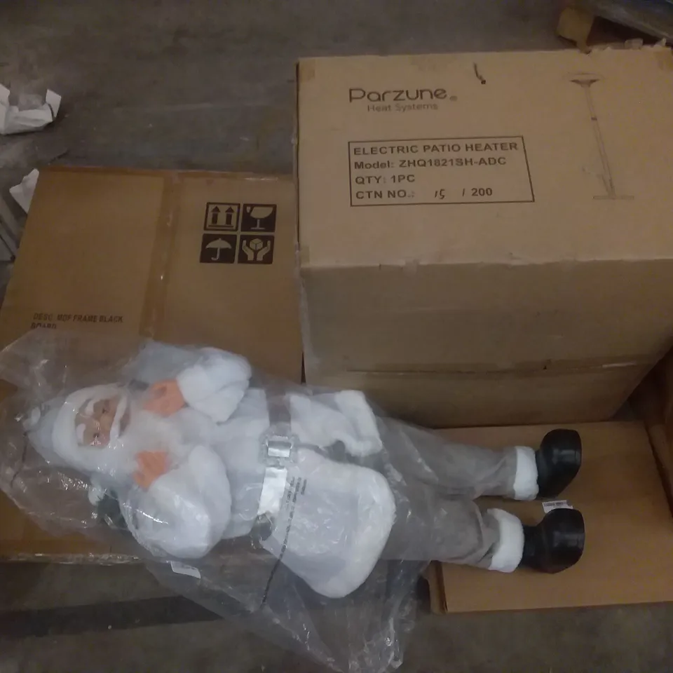 PALLET OF ASSORTED ITEMS INCLUDING KIDS SCOOTER, PARZUNE ELECTRIC PATIO HEATER, MDF FRAME BLACK BOARD, TINSEL TIME SILVER STANDING SANTA, DRY ERASE CALANDER, TOPLUS YOGA MAT