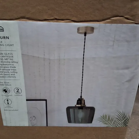 BOXED DUNELM AUBURN SINGLE CEILING LIGHT – GREEN GLASS & ANTIQUE BRASS