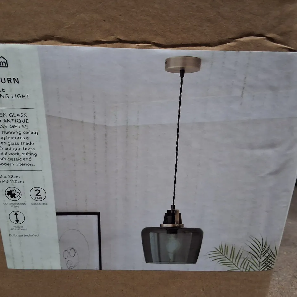 BOXED DUNELM AUBURN SINGLE CEILING LIGHT – GREEN GLASS & ANTIQUE BRASS