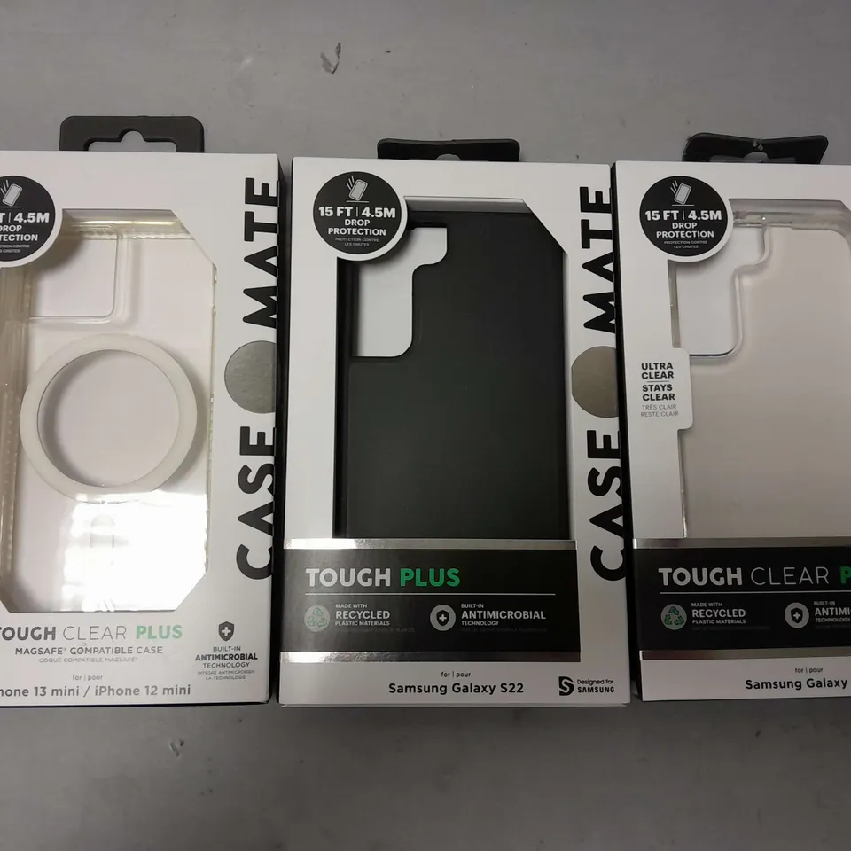 APPROXIMATELY 56 BOXED CASE MATE TOUGH PLUS ANTIMICROBIAL PHONE CASES FOR SAMSUNG GALAXY S22 IN CLEAR AND BLACK, IPHONE 12/13 MINI IN CLEAR