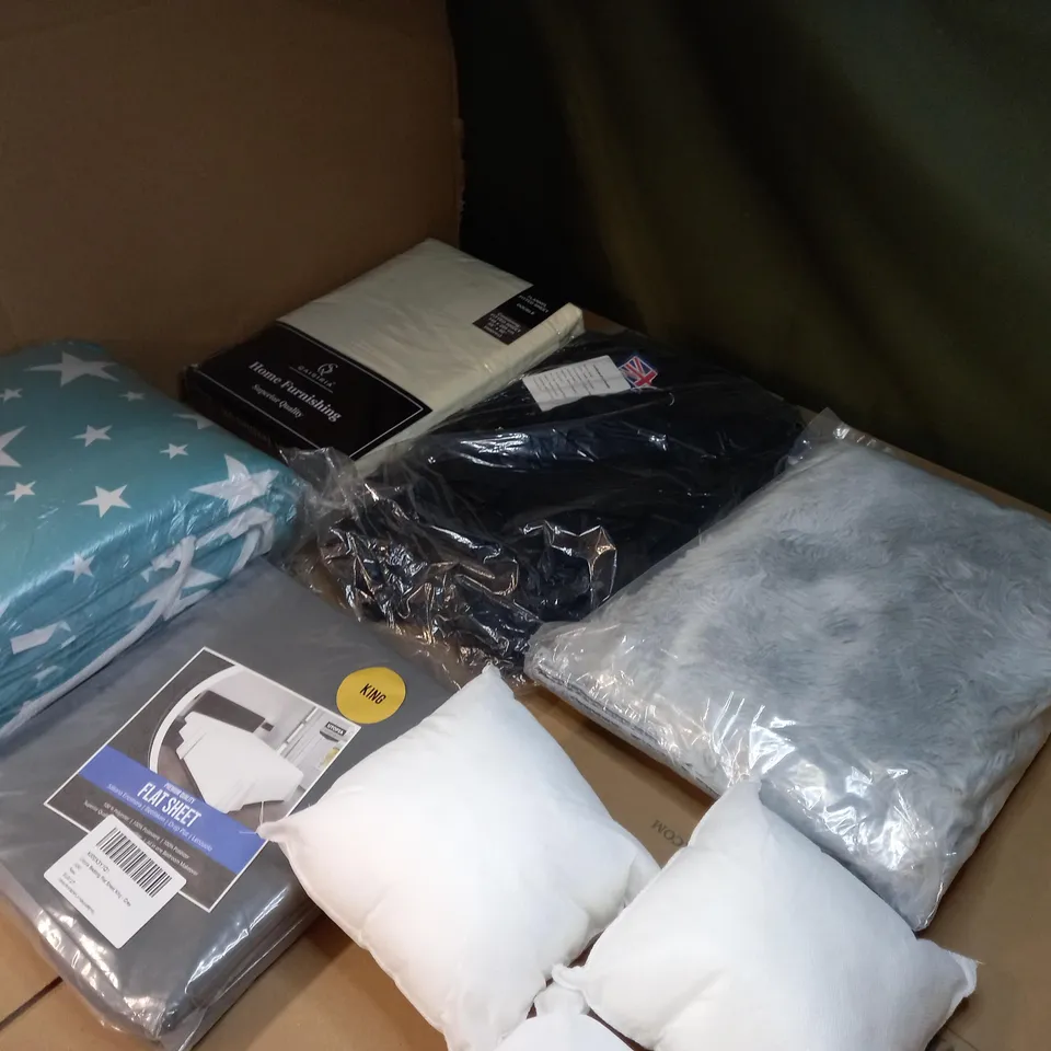 LARGE BOX OF APPROXIMATELY 20 ASSORTED HOUSEHOLD ITEMS TO INCLUDE: TINY CUSHIONS, PACKAGED BED SHEETS, RUCKSACK