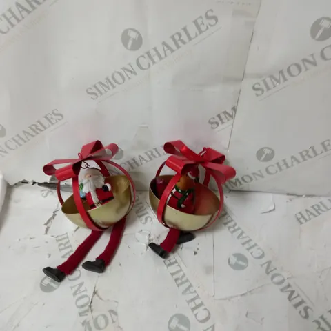 BOX OF 2 SANTA EXPRESS CHARACTERS DANGLY LEG BAUBLES