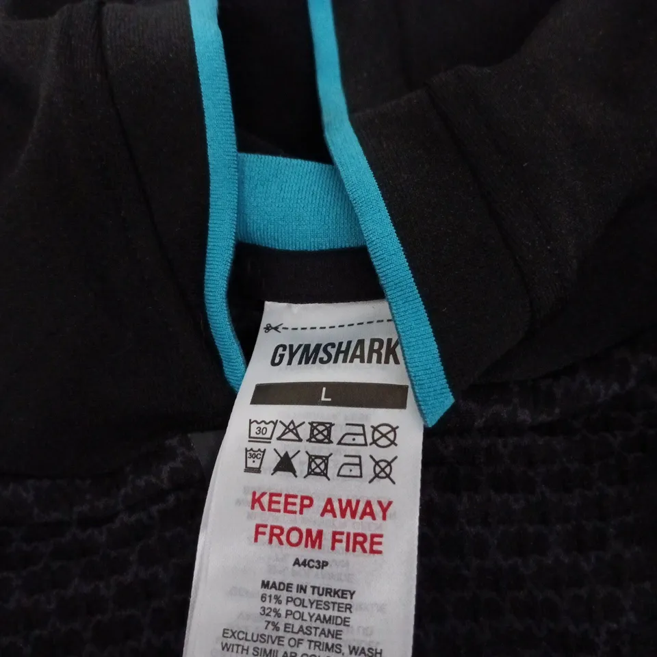 GYMSHARK HOODED TOP – BLACK WITH TEAL ZIP, SIZE L