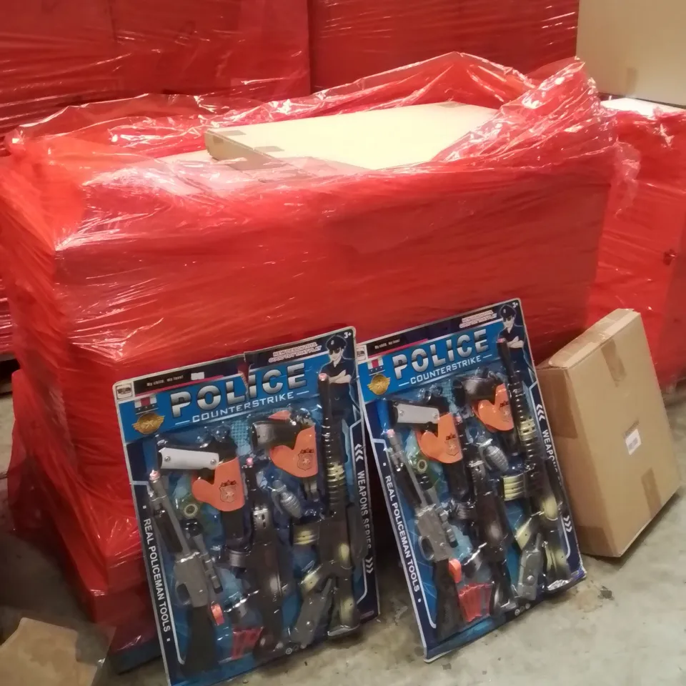 PALLET OF ASSORTED HOUSEHOLD GOODS AND PRODUCTS TO INCLUDE;POLICE TOYS,BUNNY PEGBOARD