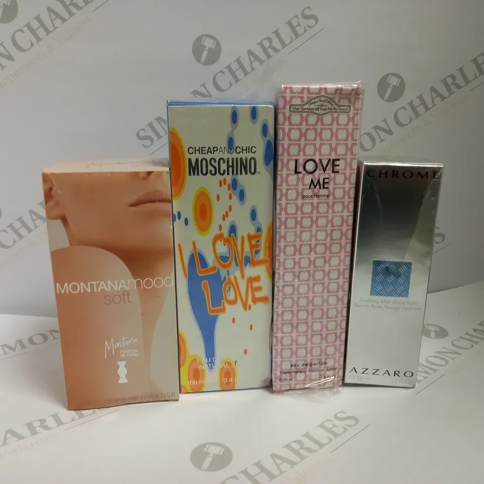 APPROXIMATELY 12 ASSORTED FRAGRANCES TO INCLUDE CHROME AZZARO, MONTANA MOOD SOFT, CHEAP AND CHIC MOSCHINO, LOVE ME POUR FEMME ETC. 