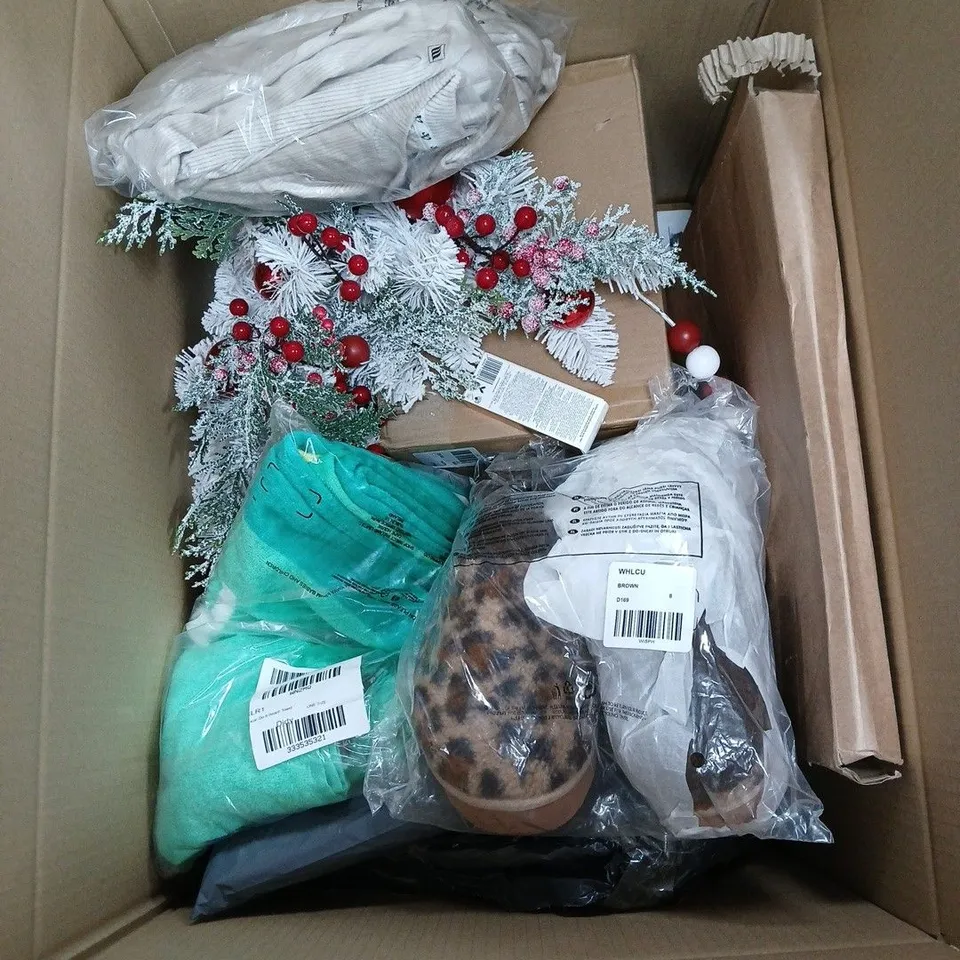 BOX OF APPROXIMATELY 15 ASSORTED HOUSEHOLD ITEMS INCLUDING ICONIC LONDON SUPER SMOOTHER 30ML, RIBBED LOUNGEWEAR SET SIZE 8-10, ANIMAL PRINT SLIPPERS SIZE 8 AND GREEN BEACH TOWEL ETC