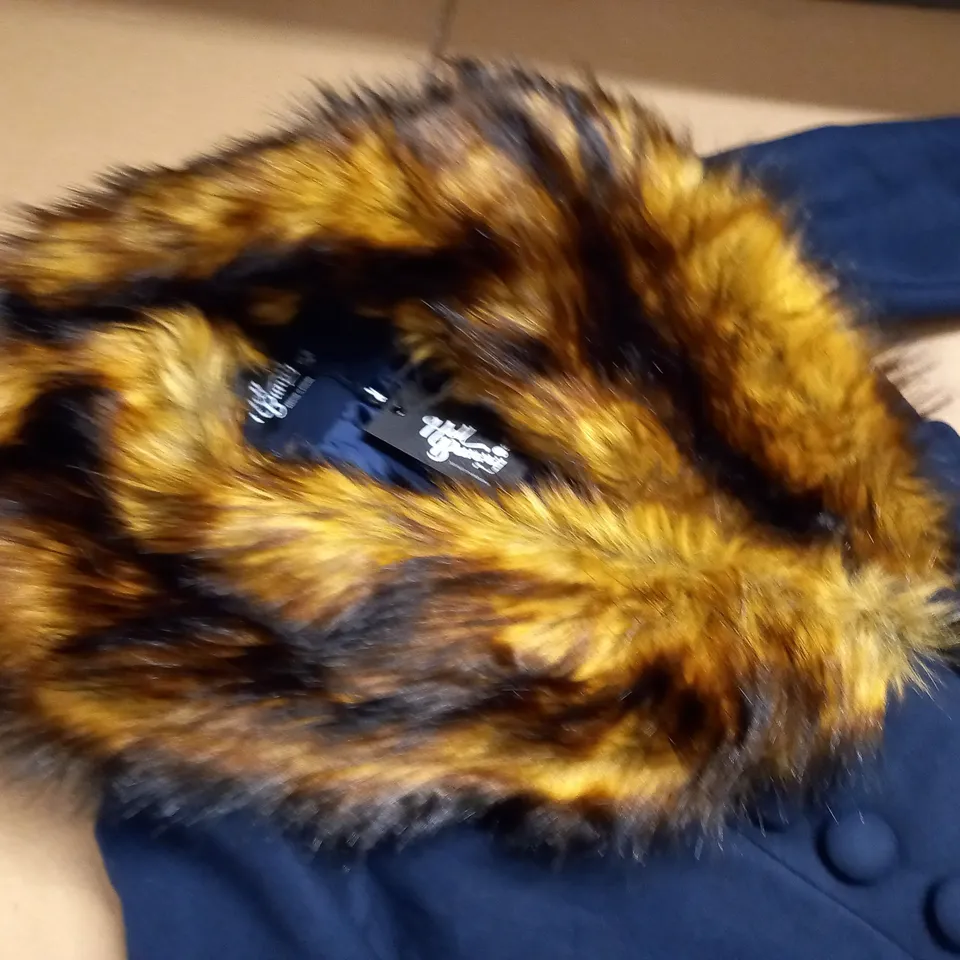 HELL BUNNY NAVY FAUX FUR TRIMMED COAT - UK 8