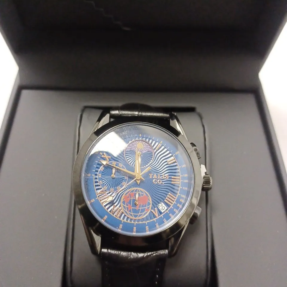 TALIS CO 7120 CHRONOGRAPH WATCH MOON PHASE MOVEMENT BLACK LEATHER STRAP