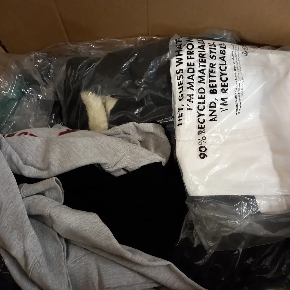  BOX OF ASSORTED CLOTHING ITEMS TOO INCLUDE DRESSES , SHIRTS AND TROUSERS IN VARIOUS SIZES AND COLOURS   