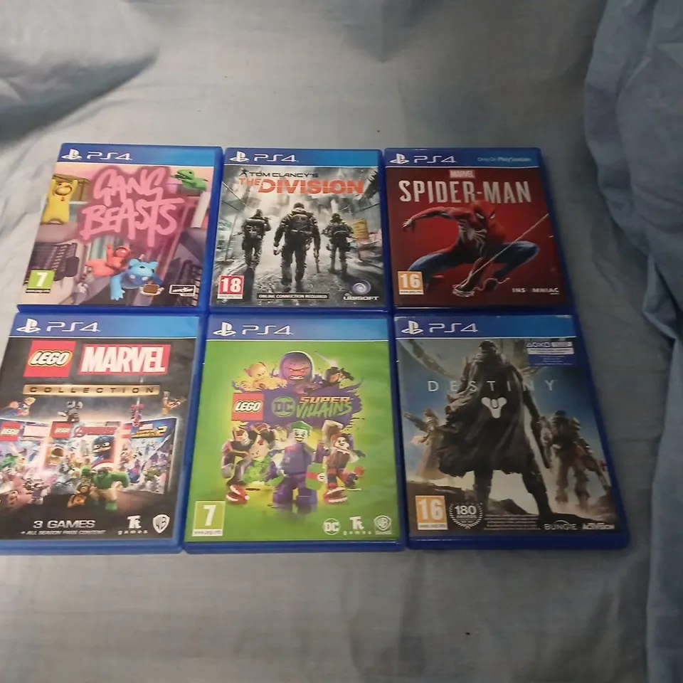 PLAYSTATION 4 GAME COLLECTION – 6 PS4 TITLES (GANG BEASTS, TOM CLANCY'S THE DIVISION, SPIDER-MAN, LEGO MARVEL COLLECTION, LEGO DC SUPER-VILLAINS, DESTINY)