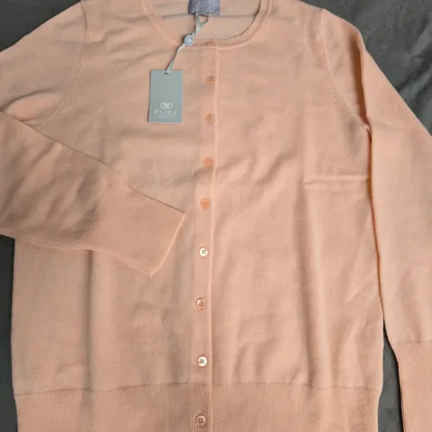 PURE COLLECTION CREW NECK CASHMERE CARDIGAN IN SOFT PEACH - UK 14