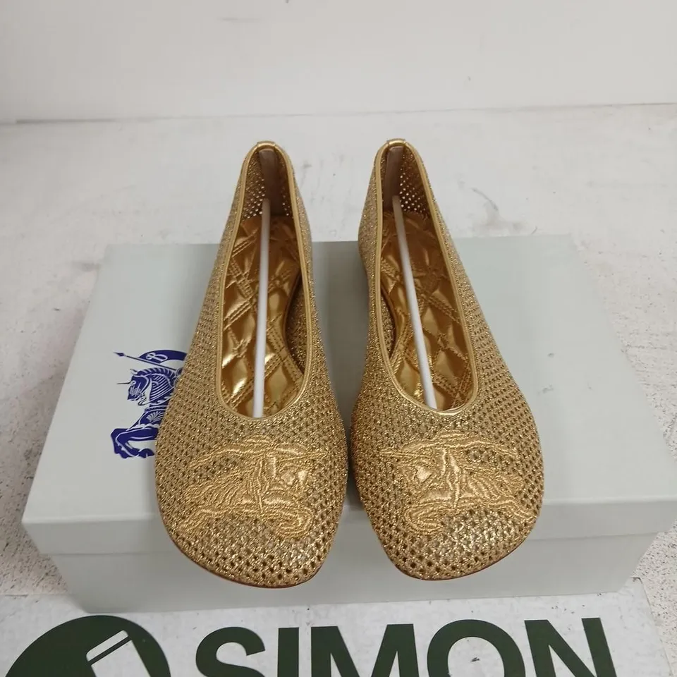 BURBERRY GOLD MESH BALLERINA FLATS – UK4 (EU37) – LEATHER SOLE, BOXED
