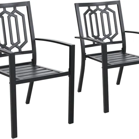 BOXED PHI VILLA GARDEN CHAIRS SET OF 2 OUTDOOR PATIO STACKABLE DINING CHAIRS E-COATING METAL FRAME GARDEN CHAIR WITH ARMRESTS