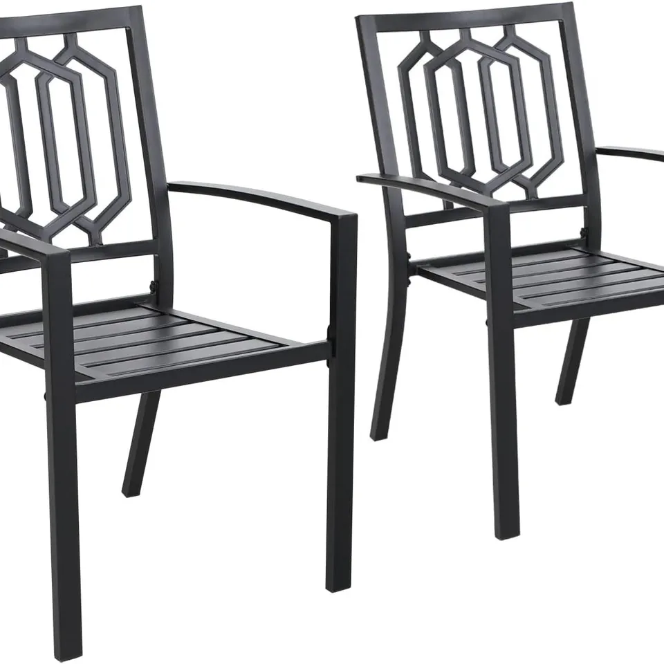 BOXED PHI VILLA GARDEN CHAIRS SET OF 2 OUTDOOR PATIO STACKABLE DINING CHAIRS E-COATING METAL FRAME GARDEN CHAIR WITH ARMRESTS