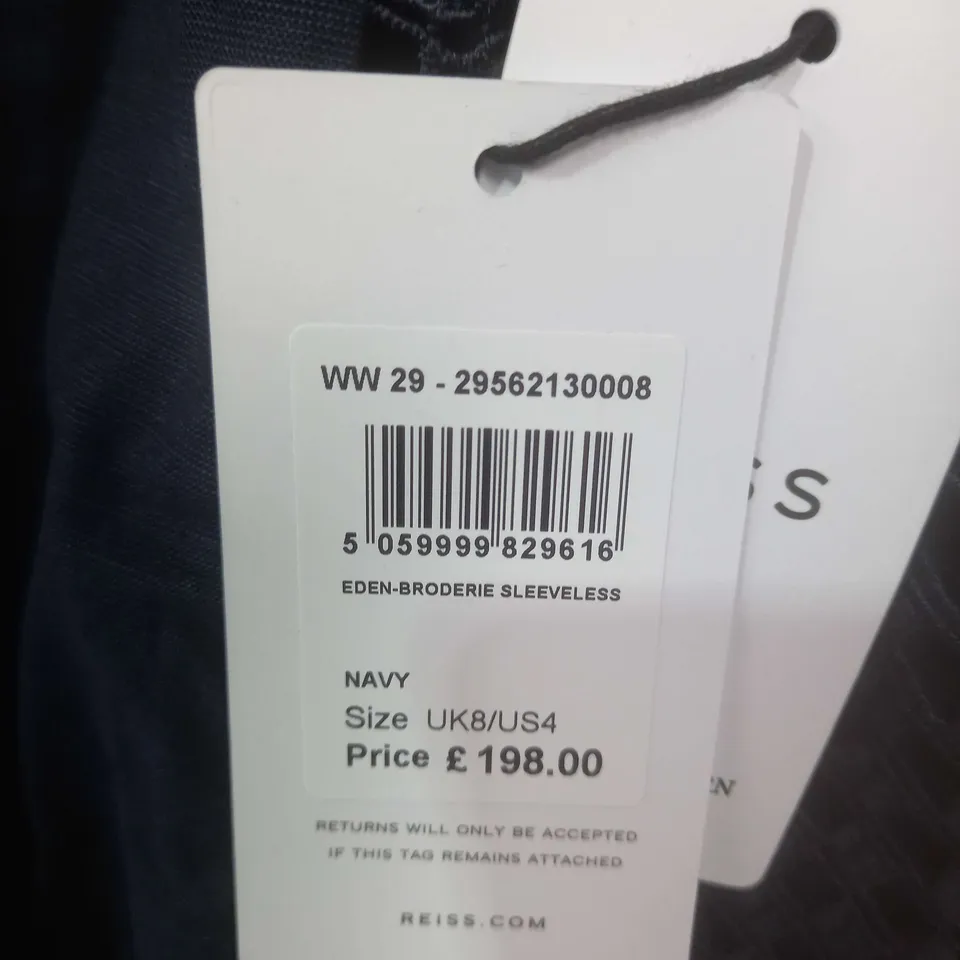 REISS EDEN BRODERIE SLEEVELESS NAVY DRESS - UK 8