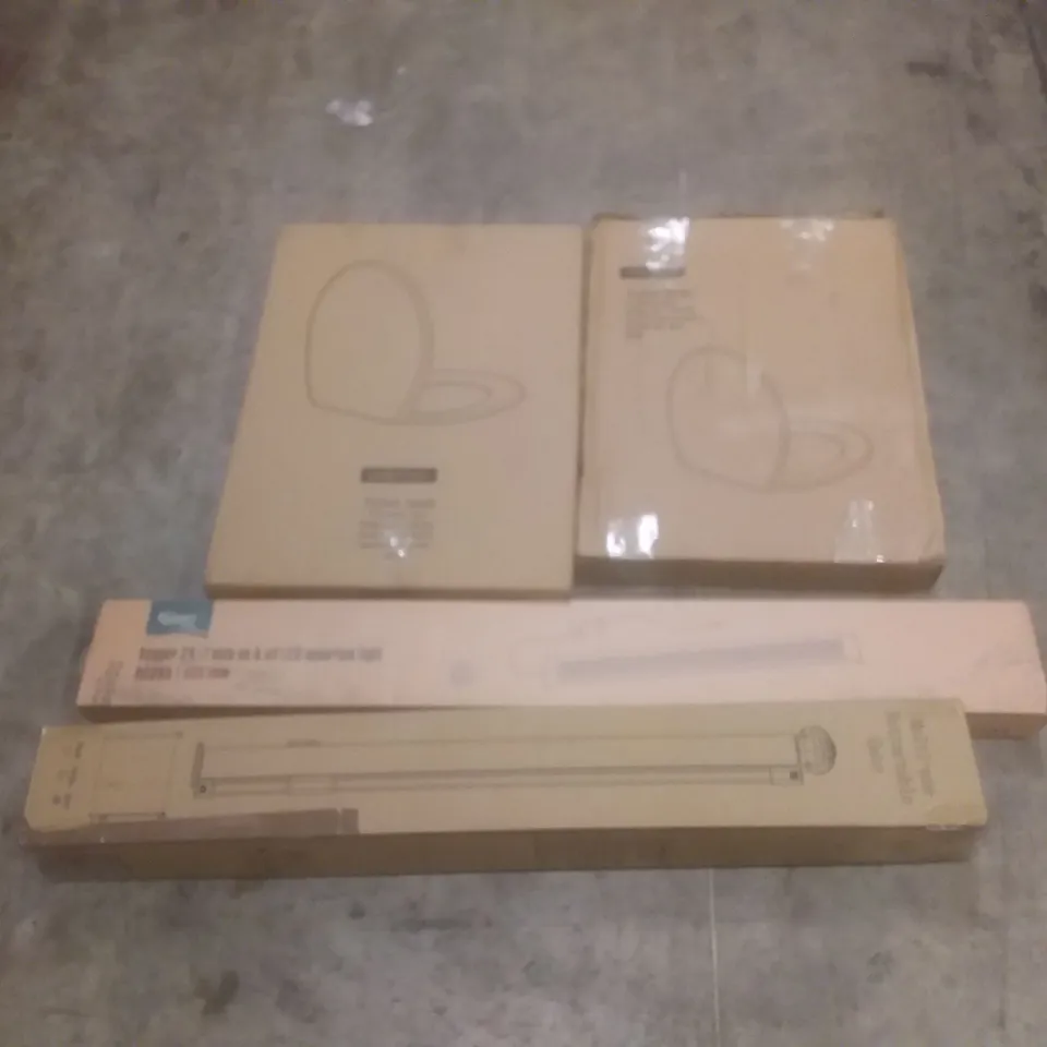 PALLET OF ASSORTED HOUSEHOLD PRODUCTS AND ITEMS, INCLUDING; TOILET SEATS, LED LIGHT, RETRACTABLE GATE, BOXED FURNITURE ETC