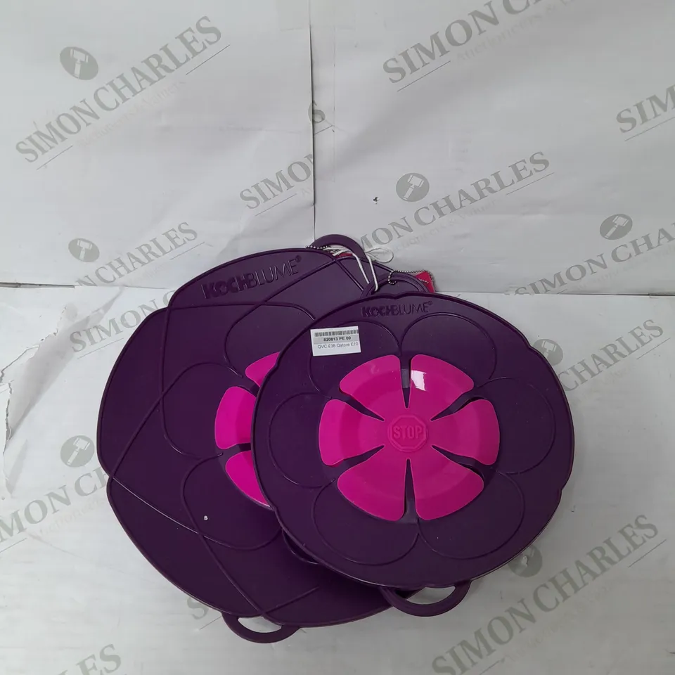 KOCHBLUME SET OF 2 SPILL STOPPER SILICONE BOIL OVER PAN LID IN PINK AND PURPLE
