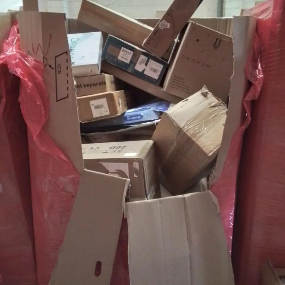 PALLET OF ASSORTED HOUSEHOLD GOODS AND PRODUCTS TO INCLUDE; FRYING PANS, WASTE BIN, FOLDING WAGON, BOXED FURNITURE ETC 