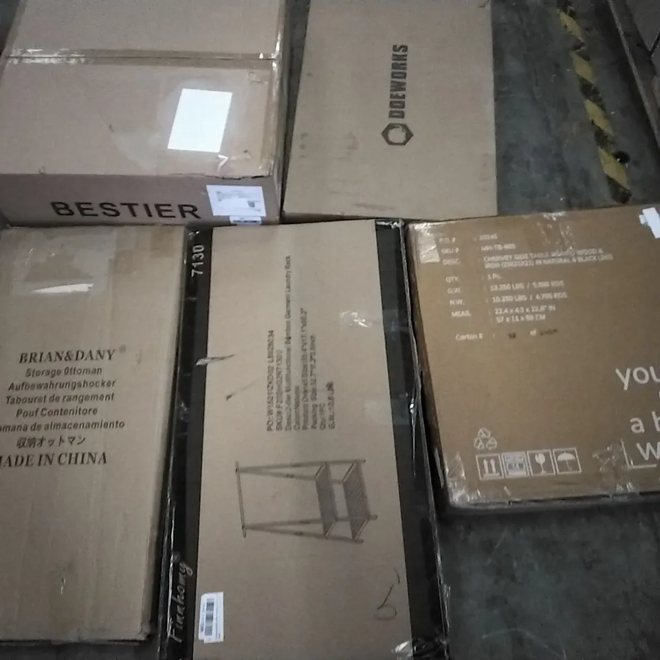 PALLET OF ASSORTED ITEMS INCLUDING AMADA FLOATING SHELF, CHERRY SIDE TABLE, DOEWORKS, BRIAN & DANY STORAGE OTTOMAN, XPOWER AIR CIRCULATOR 