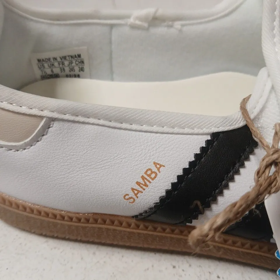 ADIDAS SAMBA TRAINERS – WHITE/BEIGE WITH BLACK STRIPES - UK 6 