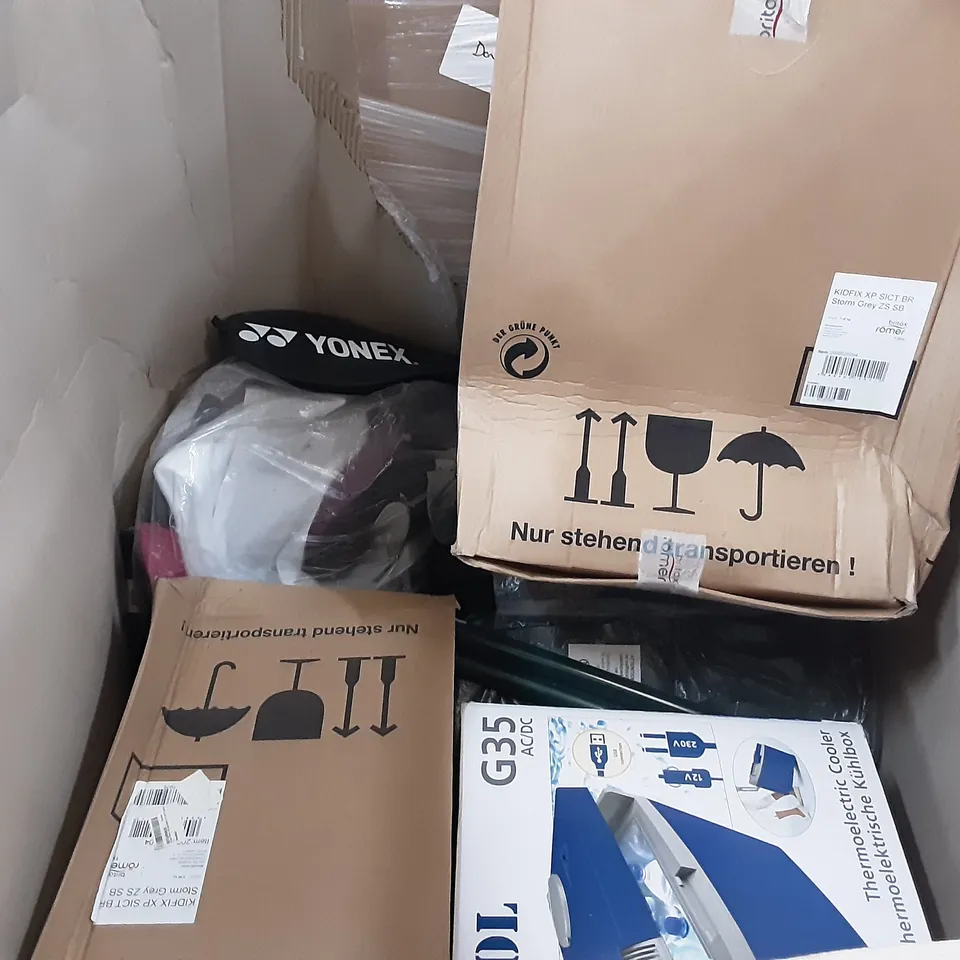 PALLET OF ASSORTED PRODUCTS TO INCLUDE TEESA MULTIFUNCTIONAL FOOD PROCESSOR, SELETTI MONKEY LAMP, JOIE BABY CARRIER, YONEX BADMINTON RACKET, MOBICOOL THERMOELECTRIC COOLER 