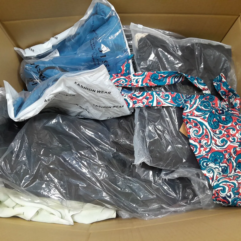 BOX OF APPROXIMATELY 25 ASSORTED CLOTHING ITEMS TO INCUDE - JUMPER  , SOCKS  ,T-SHIRT , DRESS ETC