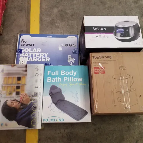 PALLET CONTAINING ASSORTED PRODUCTS INCLUDING MULTIFUNCTION RICE COOKER, MULTIFUNCTIONAL FOOD PROCESSOR, FULL BODY BATH PILLOW, HEATED THROW & SOLAR BATTERY CHARGER