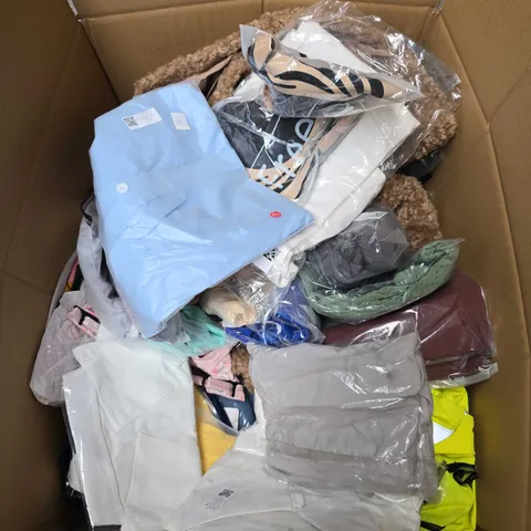 LARGE BOX OF APPROXIMATELY 20 ASSORTED CLOTHING ITEMS IN VARIOUS SIZES, STYLES AND COLOUR