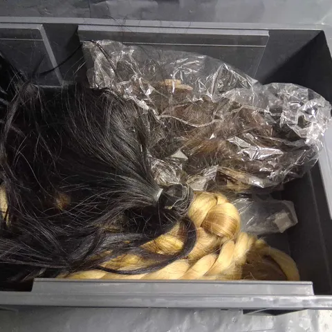 TOTE OF ASSORTED WIGS AND HAIR EXTENSIONS