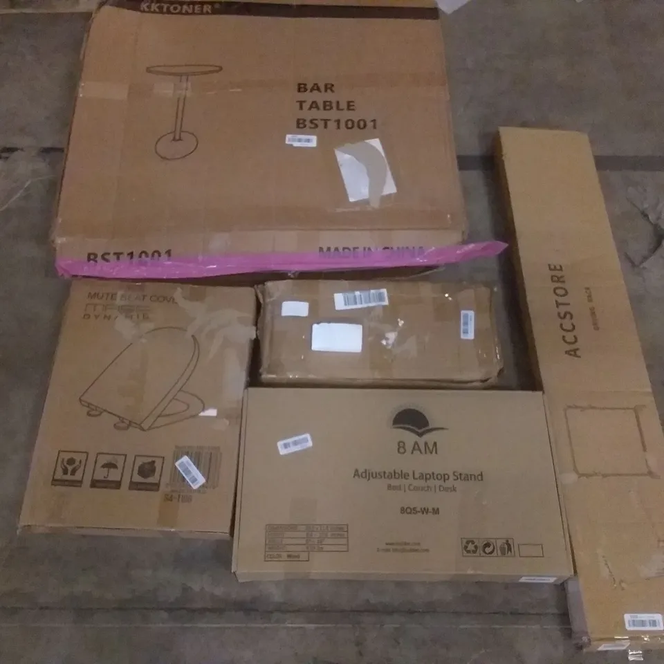 PALLET OF ASSORTED ITEMS INCLUDING KKTONER BAR TABLE, MASS DYNAMIC MUTE SEAT COVER, 8 AM ADJUSTABLE LAPTOP STAND, ACCSTORE DRYING RACK, AIFEEL STAND MIXER, ALPHA CAMP MOON CHAIR