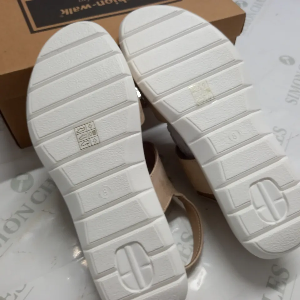 BOXED PAIR OF CUSHION WALK EMBELLISHED STRAPPY SANDALS IN GOLD - SIZE 8