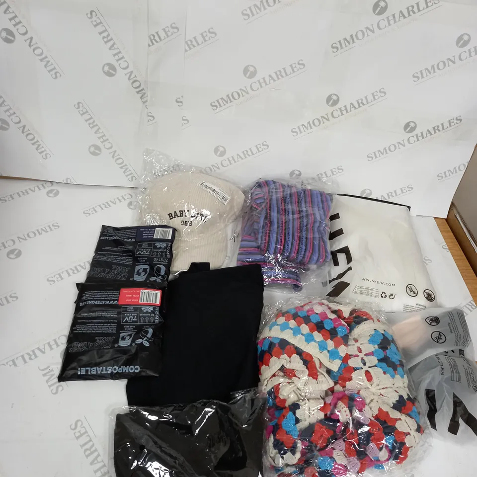 LARGE BOX OF ASSORTED CLOTHING ITEMS IN VARIOUS COLOURS AND SIZES