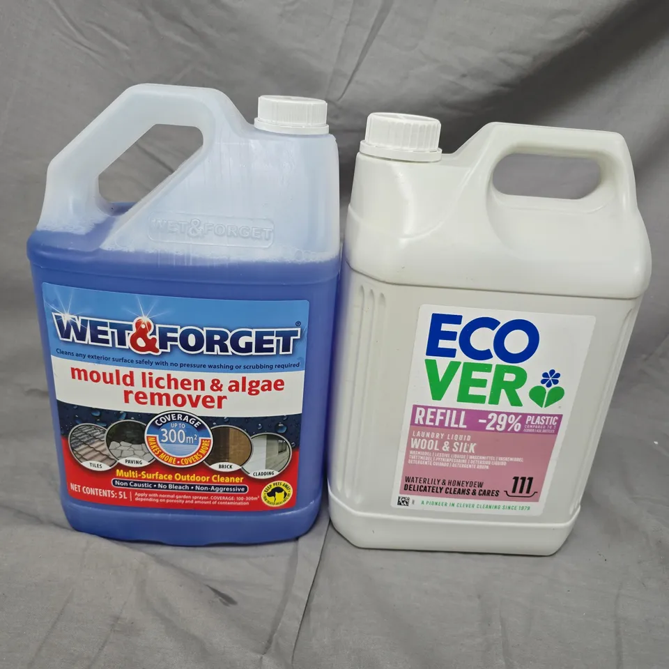 SET OF 3 OVERSIZED LIQUIDS TO INCLUDE WET & FORGET MOULD, LICHEN & ALGAE REMOVER (5L) + ECO VER WOOL & SILK LAUNDRY LIQUID REFILL