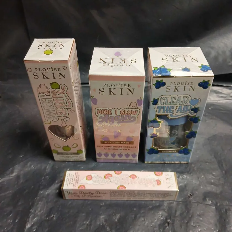 PLOUISE LOT OF 4 ASSORTED COSMETIC PRODUCTS TO INCLUDE - BLUEBERRY CLEANSER - GUAVA VITAMIN C EYE CREAM - GRAPE RECOVERY MASK
