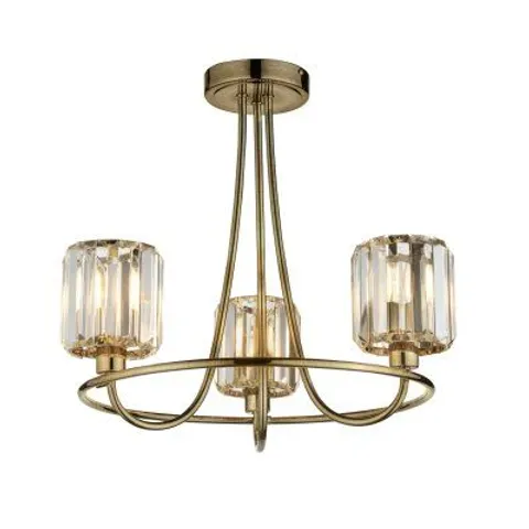 BOXED ENDON 107801 BERENICE 3 LIGHT SEMI FLUSH CEILING LIGHT IN ANTIQUE BRASS WITH CUT GLASS SHADES