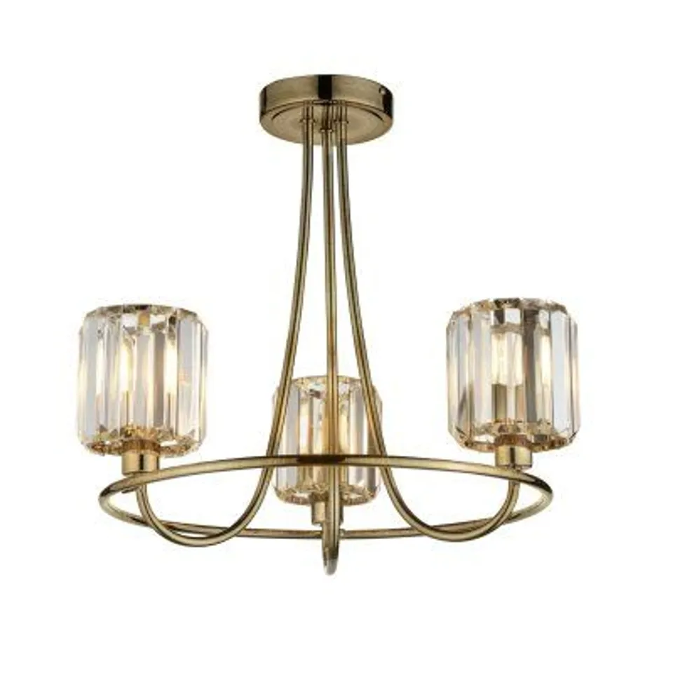BOXED ENDON 107801 BERENICE 3 LIGHT SEMI FLUSH CEILING LIGHT IN ANTIQUE BRASS WITH CUT GLASS SHADES