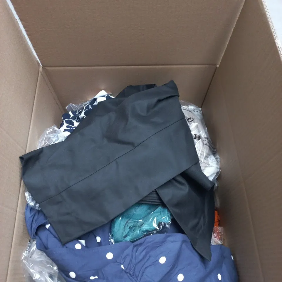 BOX OF APPROXIMATELY 25 ASSORTED CLOTHING ITEMS TO INCLUDE PREMIER SHIRT, BLACK TROUSERS ETC