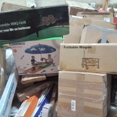 PALLET CONTAINING VARIOUS ASSORTED BOXED HOUSEHOLD ITEMS TO INCLUDE: STORAGE ORGANISER, FOLDABLE WAGON, SAND BOX AN.D LOTS MORE UNMARKED BOXED ITEMS
